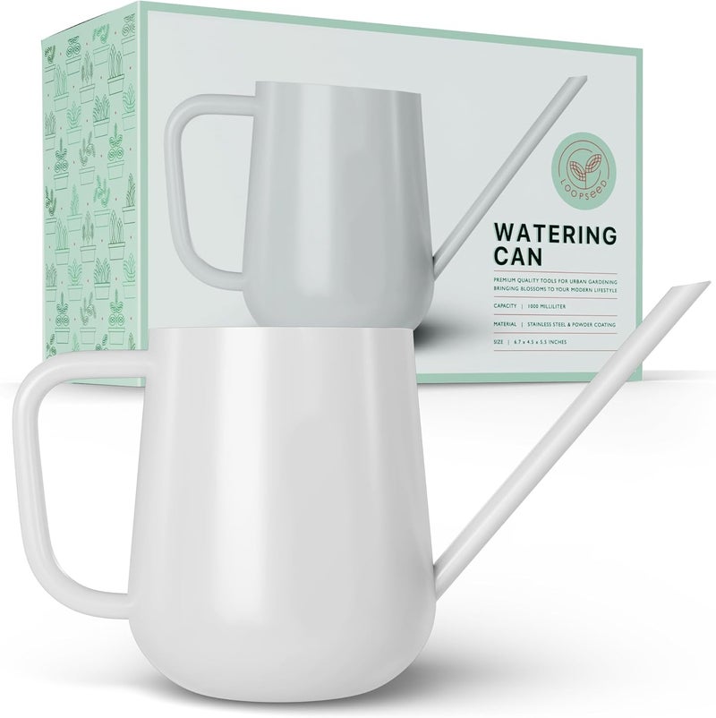 LOOPSEED Metal Watering Can for Indoor Houseplants Outdoor Garden Long Sprout Water Can for Succulents Herb Bonsai Modern Garden Tool 33.8oz/1000ml (Brilliant White) - Image 1